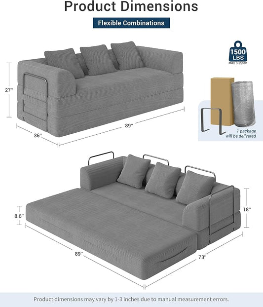 89" Cloud Boneless Convertible Sofa Bed, 5-in-1 Foldable Compressed High-Density Sponge Sofa, Corduroy Fabric 3 Seater Sleeper Couch Futon Daybed for Living Room Bedroom (Medium Gray)