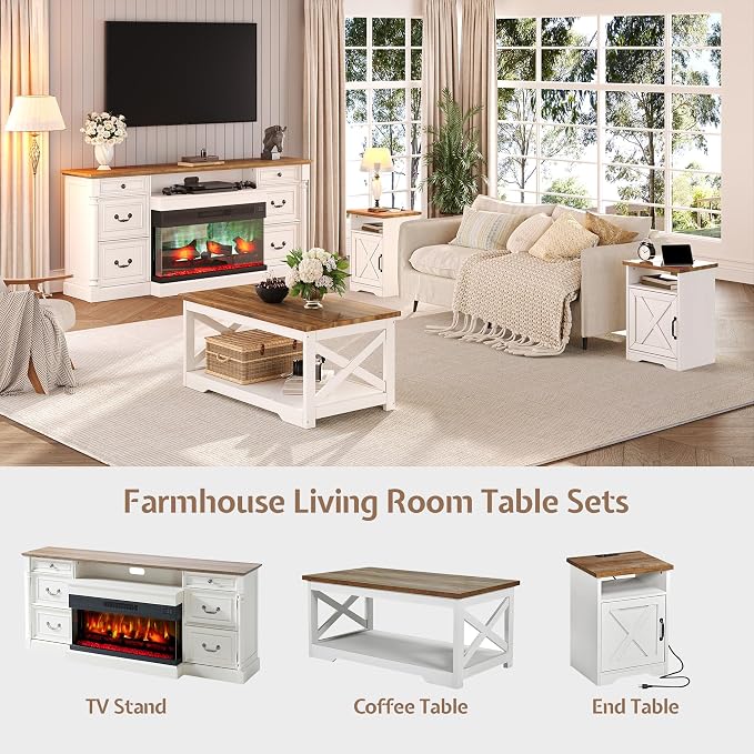 LUXOAK 3-Piece Farmhouse Living Room Table Sets, Includes 1 x Coffee Table, 2 x End Tables with Charging Station & USB Ports, Rustic Coffee Table Set of 3, Distressed White