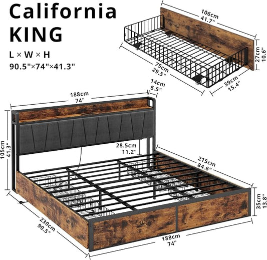 LIKIMIO California King Bed Frame with 4 Storage Drawers, Platform Bed with Charged Headboard, Sturdy and Stable, No Noise, No Box Spring Needed, Easy to Install, Vintage Brown and Gray