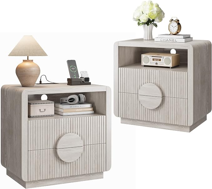 23" Wide Fluted Nightstands Set of 2, Mid Century Bedside Tables with Charging Station, Wood End Table with 2 Drawers and Open Shelf for Bedroom, Home Office, Gray Oak