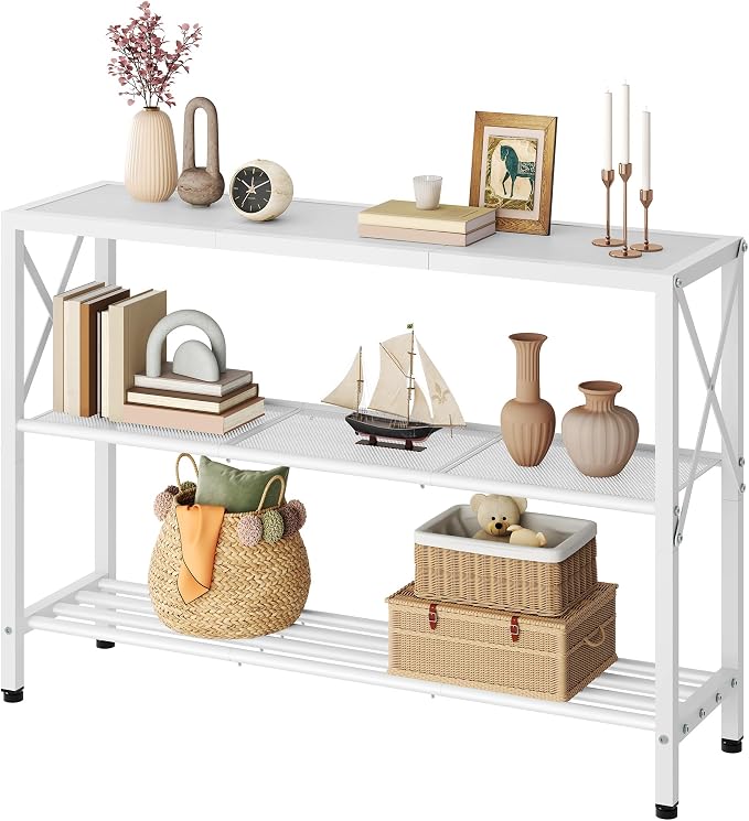 Hoctieon White Industrial Console Table, 3 Tier Entryway Tables, Hallway Desk, Narrow Sofa Tables with Shelves, Entrance Table for Entryway, Living Room, Foyer, Hallway, Office, White