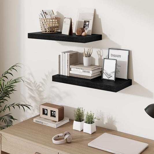 Fun Memories 24 Inch Floating Shelves Wall Mounted, 10 Inch Deep Wall Shelves, 24 x 10 Floating Shelf for Living Room Bathroom Bedroom, Black, Set of 3