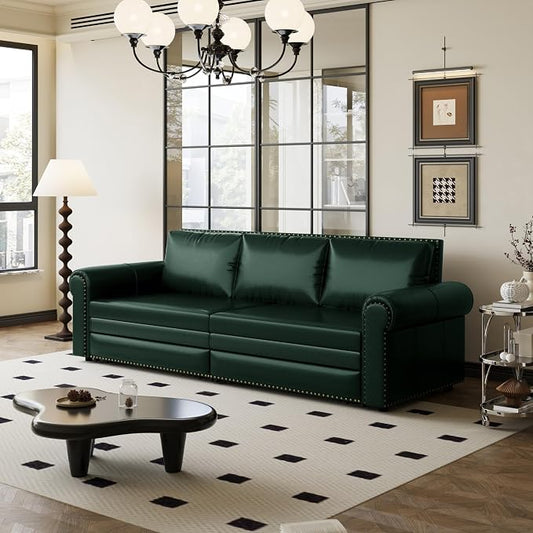 93.7" King Pull Out Sofa Bed, Faux Leather Sleeper Sofa Couch, 3 in 1 Convertible Futon Couches for Living Room, Small Space, Apartment, Office, Bedroom, Modern Rivet Armrest, Green