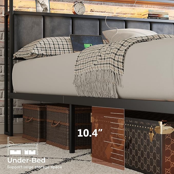 Queen Size Bed Frame with Upholstered Headboard and 2-Tier Storage Shelves | Metal / Charging Station / LED Lights / Under Bed Storage / Non-slip/ Noise Free / No Box Spring Needed / Black