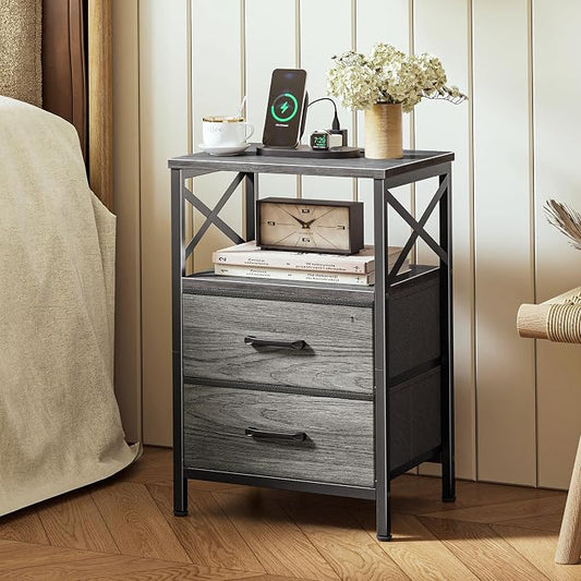 Huuger Night Stand with Charger Station, 2 Drawer Nightstand with Open Shelf, Bed Side Table with USB-C Port, End Table, Compact Size for Small Spaces, X Shaped Side Rail, Grey