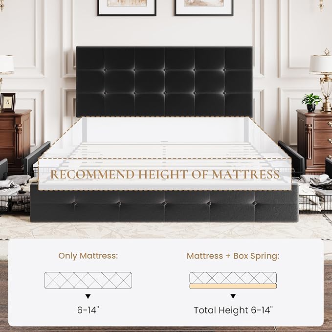 SHA CERLIN Full Size Platform Bed Frame with 4 Oversized Storage Drawers, Adjustable Headboard with Velvet Upholstery, Square Button Tufted Design, Wooden Slat Support, No Box Spring Needed, Black