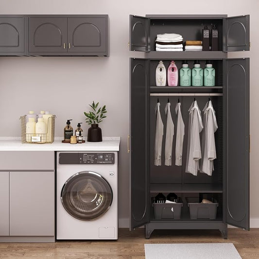 Armoire Wardrobe Closet, 71" Tall Metal Storage Cabinet with Hanging Rod and Adjustable Shelves, Clothes Wardrobe Cabinet, Black Armoires, Steel Closet for Bedroom, Bathroom, Office, School