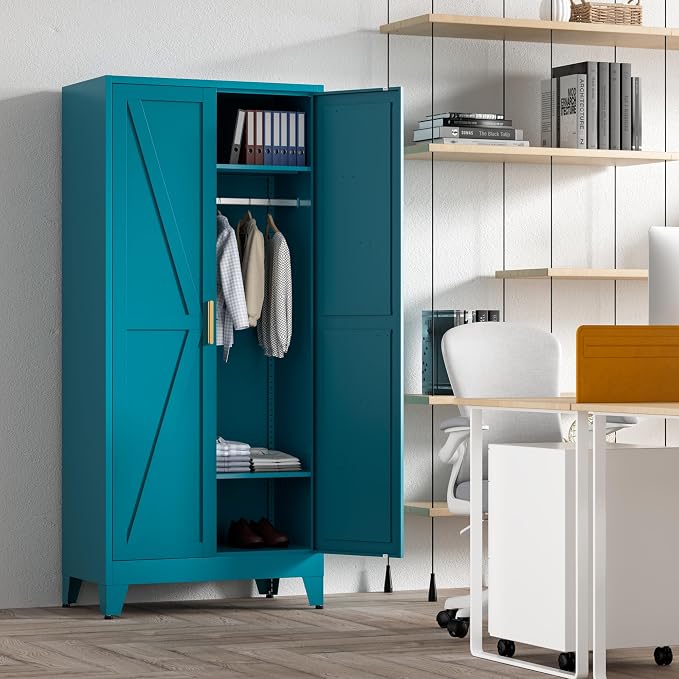Washsemba 71'' Farmhouse Metal Wardrobe Cabinet with Hanging Rod, 2 Barn Door Wardrobe Closet with 2 Adjustable Shelves,for Dining Room,Bedroom,Living Room, Cloak Room,Office (Peacock Blue)