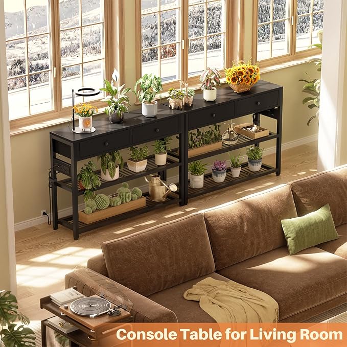 Ecoprsio Entryway Table with Outlets and USB Ports, Console Table with 2 Drawers, Small Sofa Table with Storage Shelves for Living Room, Couch, Hallway, Foyer, Kitchen Counter, 32'', Black