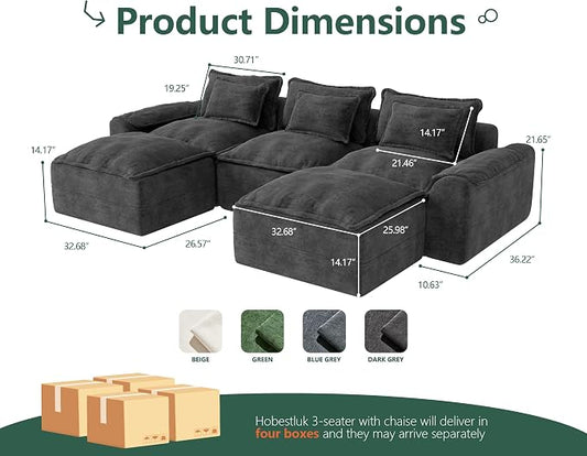 Hobestluk 120" Cloud Modular Sectional Couch 3-Seater Sofa with Ottomans U Shaped Couches Deep Seat Boneless Sofa Large Sofa for Living Room (Dark Grey, 3-Seater Sofa with Two Ottomans)