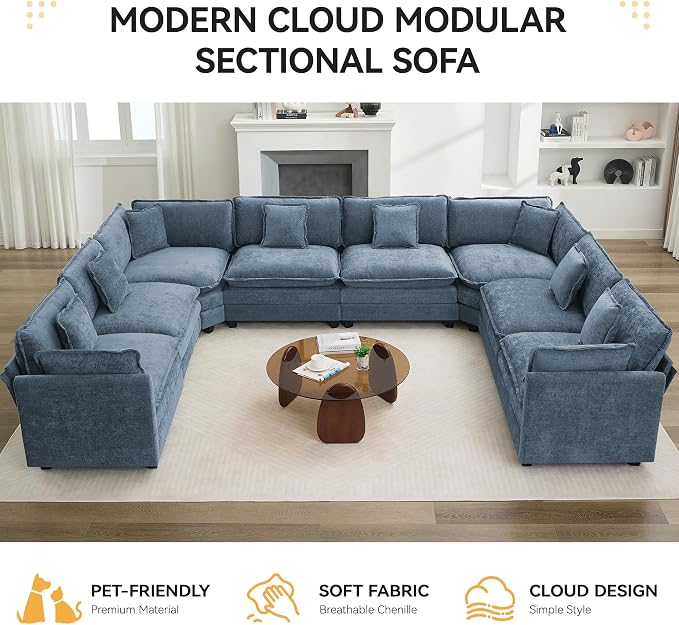 147'' Oversized U Shaped Cloud Sectional Sofa, Chenille Deep Seat Couches for Living Room, Comfy Upholstered Modular Sectional Sofa Couch, Blue