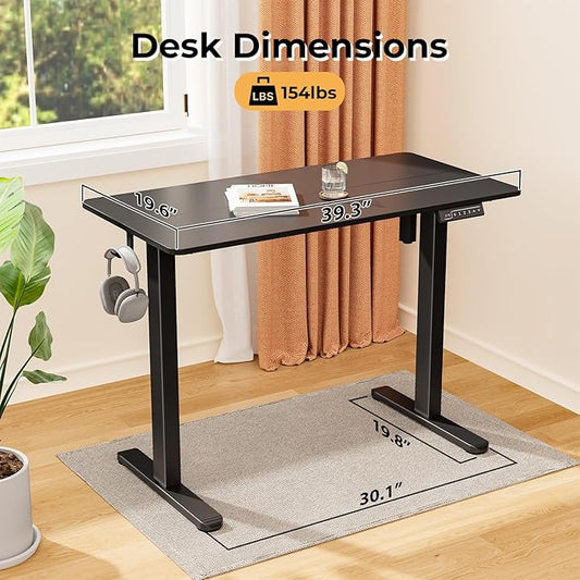Electric Standing Desk, 40" ×20" Samll Standing Table, Height Adjustable Compact Sit Stand Desk with Splice Board, Home Office Table with 2 Hooks, Black