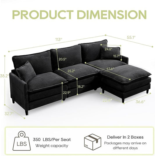 113" Chenille Modular Sectional Sofa, Convertible L Shaped Modular Sofa Comfy Cloud Couch with Ottoman, Side Pockets and 5 Throw Pillows for Living Room (Corduroy Black, 113'' - 4 Seat)