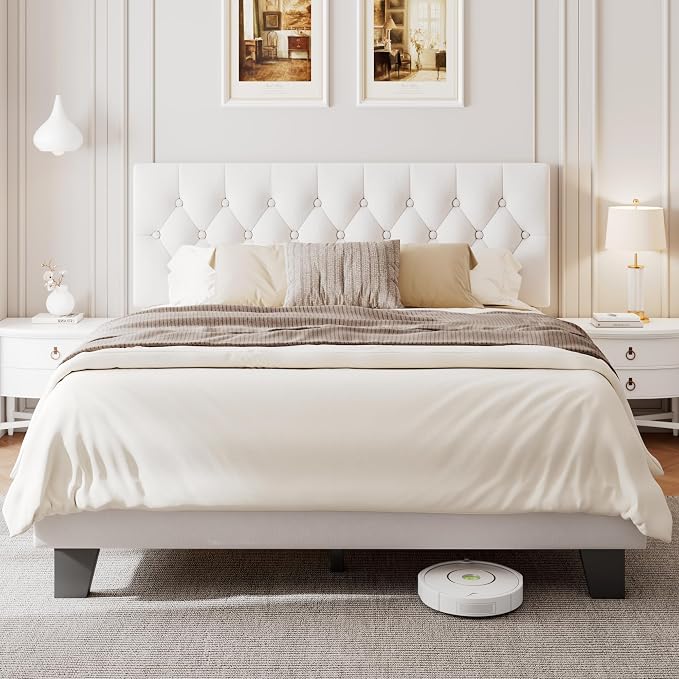 Einhomn Full Upholstered Bed Frame with Headboard, Button Tufted Linen Bed Base, Platform Bed with Wood Slat, Heavy Duty, Easy Assembly, No Box Spring Needed, White