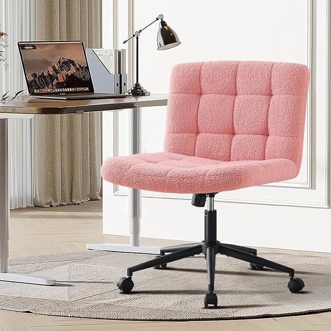 Furnimart Swivel Criss Cross Legged Chair with Wheels for Home Office, Wide Armless Desk Chair Height Adjustable Comfy Seat for Desk,Vanity, Bedroom, Faux Fur Pink