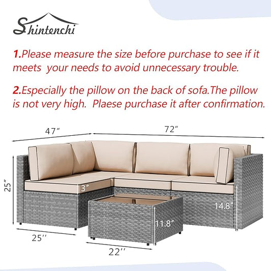 5 Piece Outdoor Patio Furniture Set,Silver PE Rattan Wicker Sectional Sofa, All Weather Conversation Set with Washable Cushions & Glass Coffee Table for Backyard Poolside Garden Porch,Khaki