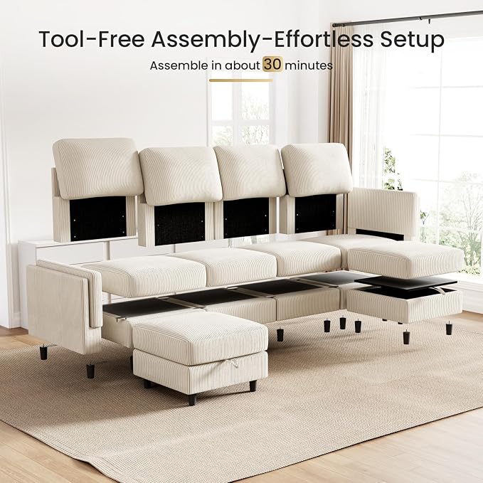 KKL Modular Sectional Sofa Bed with Storage Ottoman, Convertible L/U-Shaped Sleeper Couch for Living Room, Modern Reversible Design(Beige,6 Seater U Shape)