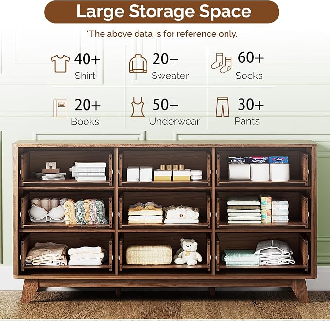 VINGLI Fluted Walnut Dresser 9 Drawer, Dark Wood Dresser Brown with Rounded Edges, 57" Long Mid Century Modern Dressers for Bedroom, 57" W*15.75" D*29.92" H