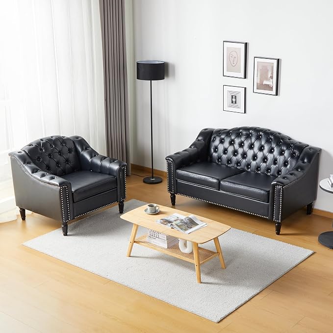 LEVNARY Chesterfield Loveseat Leather, Upholstered Sofa with Button-Tufted Back, Mid-Century Modern Sofa with Solid Wood Legs, 2 Seater Couches for Living Room (Black)