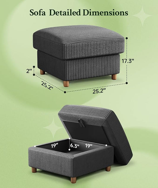 Welzona 25.2" Couches for Living Room, Comfy Grey Ottoman with Storage, Foot Rest Tool-Free Setup, Small Ottoman Foot Rest for Couch, Corduroy Couch for Bedroom, Apartment, Office