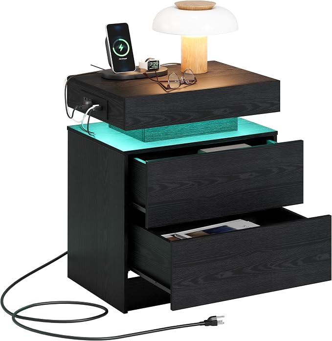 LIKIMIO Nightstand with Charging Station LED Light and 2 Drawers Black | bedside table; end table; charging station; LED light; 2 drawers; black wood grain; small spaces