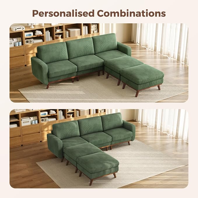 Vesgantti 97" Modular Sectional Sofa Green, U-Shaped Couch with Movable Ottoman, Comfy Corduroy Couch with Spring Cushion, Modular Sofa with Deep Seat for Living Room, Bedroom and Apartment