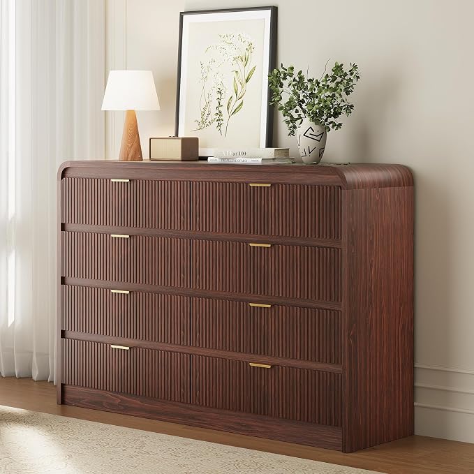 FURSUN Fluted 8 Drawers Dresser for Bedroom, 55" Wide Wooden Dresser with Metal Handle, Curved Profile Design, Modern Storage Organizer for Bedroom, Living Room, Hallway, Dark Walnut