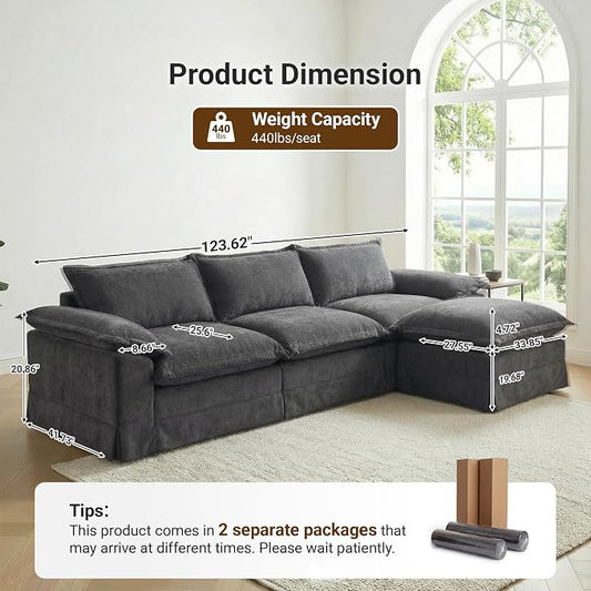 Claiks 123" Modular Boneless Couch, L Shaped Couch for Living Room, Modern Deep Seat Sofa 3 Seater Chenille Fabric Comfy Cloud Couches with Movable Ottoman, Dark Grey