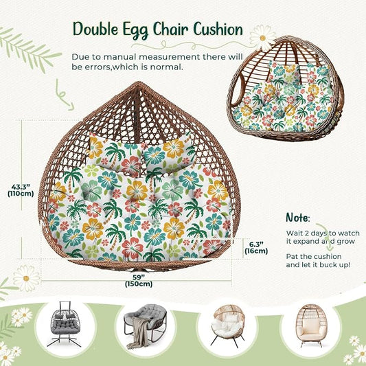Double Egg Chair Cushion Replacement Waterproof for Outdoor Patio Hanging Basket Egg Couch, 59x43-Inch Thickened Cotton Large Double Eggs Swing Chair Cushions, Green Coconut Tree1#