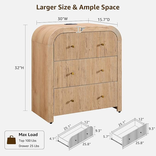 T4TREAM Fluted Dresser with 3 Drawers, 32" Tall Modern Chest of Drawers with Thickened Curved Profile Design, Wood Closet Clothes Storage Organizer for Bedroom, Living Room, Hallway, Natural Oak