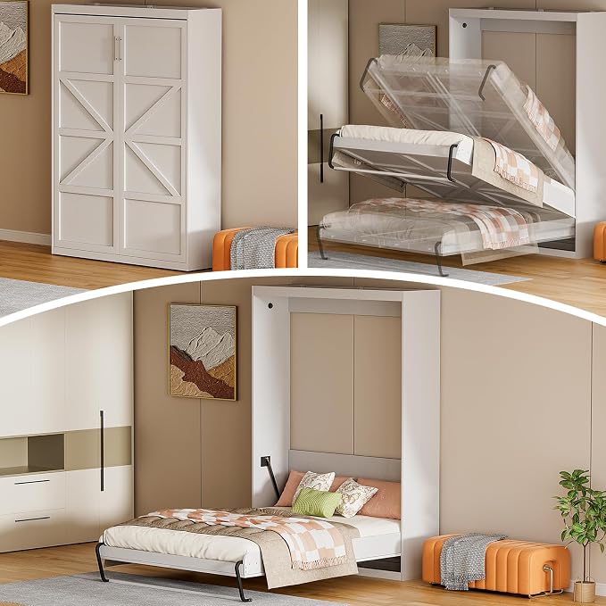 ROOMTEC Full Size Murphy Wall Bed, White, Space-Saving Furniture Bed Frame for Bed Room,Guest Room,Home Office