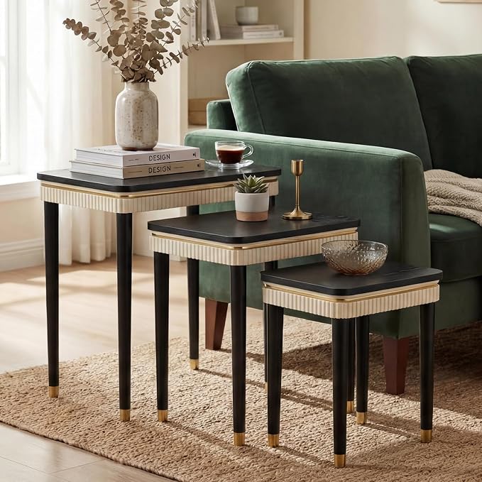 Hyfirm Black Side Table End Table Nesting Tables Set of 3, Retro Nesting Tables with Veneered Top & Gold Trim, Mid Century Modern Nesting Wood Coffee Tables for Living Room/Bedroom/Apartment