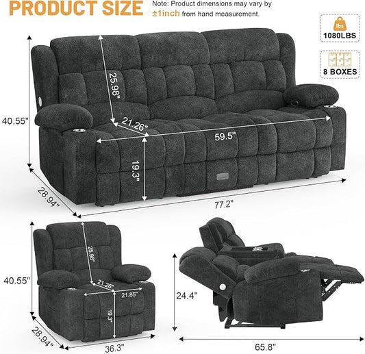Dresegmt Loveseat Recliner Sofa Set, Flip Middle Backrest Design 3 Seater Reclining Sofa and 2PC Single Oversized Recliner Chair, Manual Couches for Living Room/RV (Gray,3+1+1)