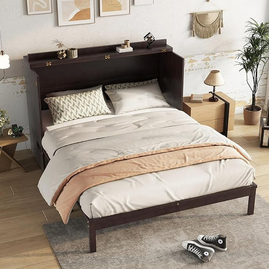 Bellemave Queen Murphy Bed with Storage Drawer and Station, Cabinet Bed, Murphy Cabinet with Foldable Panel, Noisy Free, for Guest Bedroom, Espresso Rattan
