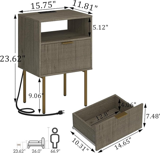 JOONEE Modern Nightstand with Charging Station and LED Lights, White Bedside Table with Drawer, Fluted Side Table for Living Room, Bedroom