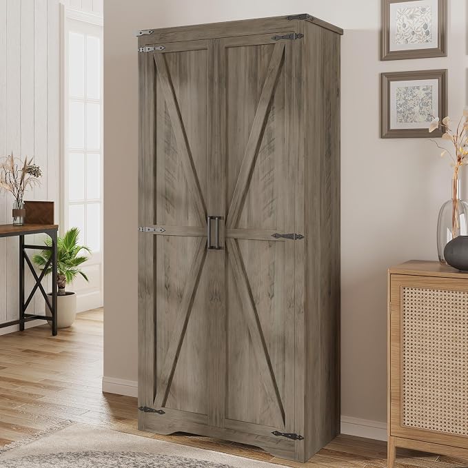 Befrases Set of 2 Farmhouse Rustic Grey Storage Cabinet with Adjustable Shelves, Large Pantry Organize with 2 Barn Doors, Tall Freestanding Cabinet for Kitchen, Bathroom, Garage, Living, Utility Room