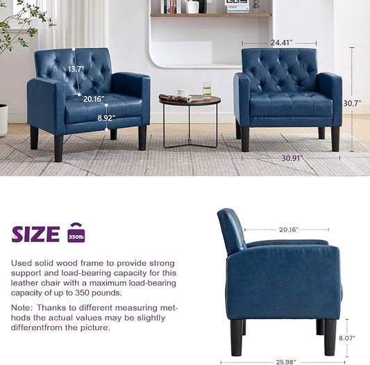 TYBOATLE Accent Chair Comfy Living Room Chair Leather Tufted Mid Century Modern Accent Chair, Small Cozy Reading Arm Chair for Office, Bedroom (1, Blue)