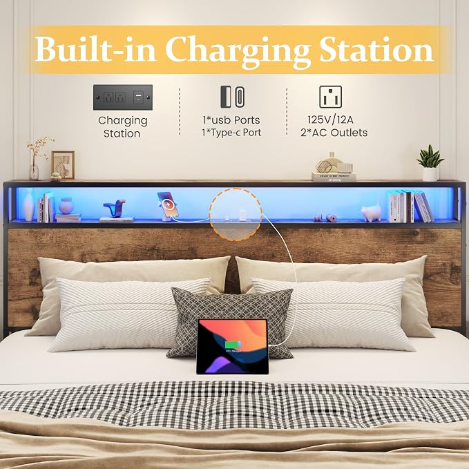 Lifezone King Bed Frame with 2-Tier Storage Headboard, Metal Platform Bed Frame with 4 Storage Drawers, Built in Charging Station & LED, Noise-Free/Metal Support/No Box Spring Needed, Vintage Brown