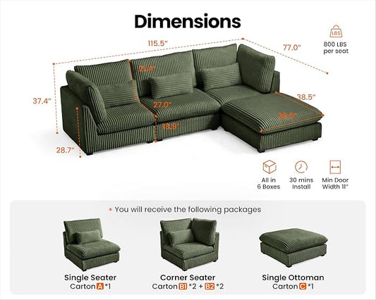 115" Oversized Corduroy Couch Modular Sectional Sofa, Washable Cloud Couch Sectional with Ottoman, 4 Seater Sectional Couches for Living Room, Fully Cover Removable, L Shaped, Plush Corduroy, Green