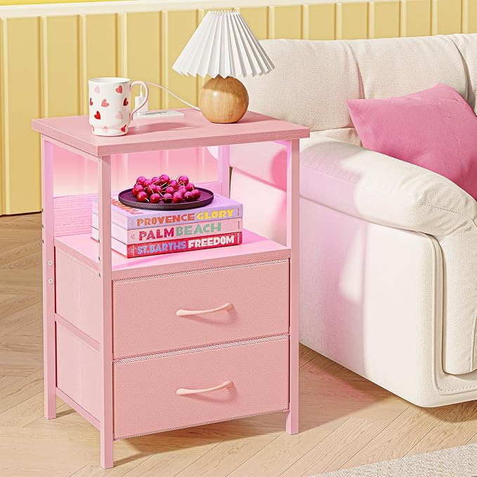 Fixwal Night Stand with Charging Station, LED Nightstand with U-S-B Ports and Outlets, 2 Fabric Storage Drawers with PU Finish, Small Bedside Table, Pink