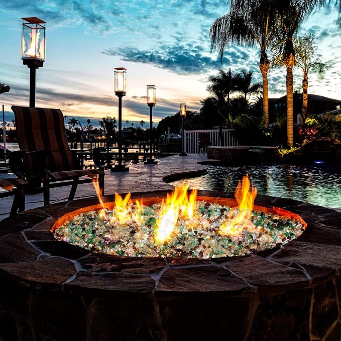 Mr. Fireglass 10 Pounds Blended Fire Glass - 1/2 Inch Mixed Colored High Luster Reflective Tempered Glass Rocks for Fireplace Fire Pit Table Fireplace and Landscaping, Copper+Gold+Light Green