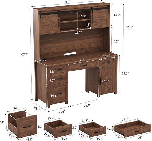 LUMISOL Farmhouse Executive Desk with Hutch and Charging Station, Computer Desk with 2 Sliding Barn Doors, 5 Drawers and Storage Cabinet with 3-Position Adjustable Shelf, Walnut