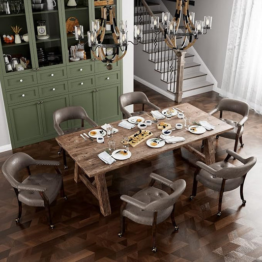 LEEMTORIG Set of 6 Dining Chairs with Casters and Arms, Rolling Dining Chairs with Wheels for Elderly, Ergonomic Wide Seat Wooden Office Chairs, 26"Dx25.2"W, Espresso Legs&Dark Brown Fabric SY-318-DK