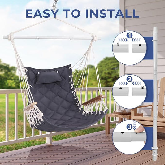 Hammock Chair Hanging Swing with Wooden Armrest;Steel Spreader Bar,Pillows,Hardware kit Included;Cotton Woven Fabric;Up to 350 Lbs,for Indoor or Outdoor