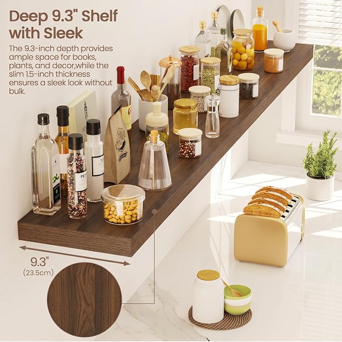 Vivelove Walnut Floating Shelves 55 Inches Long, Wall Display Shelves with Invisible Brackets, for Bathroom Living Room Kitchen Bedroom Office Farmhouse Home Decor, 55x9.3X 1.5 - Set of 2, Walnut