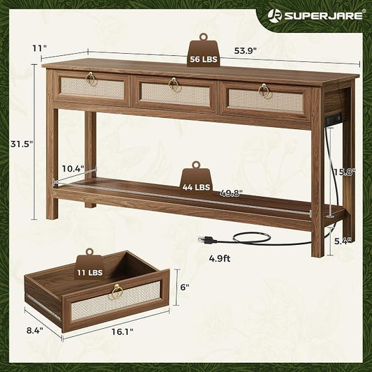 SUPERJARE Rattan Console Sofa Table with Outlets and USB-C Port, 3 Drawer Entryway Table with Synthetic Rattan Surface, 53.9 Inch, Open Shelf, Behind Couch Entry Foyer Hallway Storage, Brown