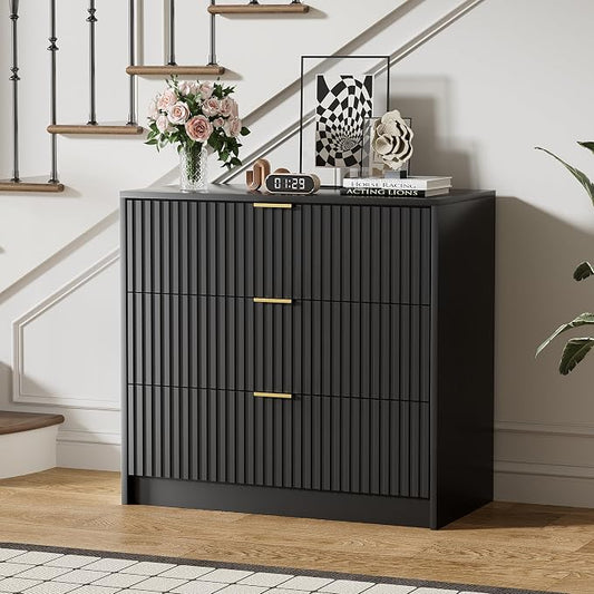 Furniway 3 Piece Bedroom Set, 9 Drawer Dresser and Nightstand Set of 2 with Gold Handles, Modern Wood Chest of Drawers Storage Cabinet for Bedroom, Black