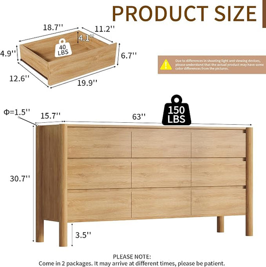 CHUWELL 3-Piece Bedroom Dresser Set-9 Drawer Dresser & 2 Nightstands,63" Wide Oak Dresser and Night Stands with Solid Wood Cylindrical Legs,Rustic Wooden Storage for Bedroom