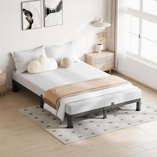 VIPSHOW 4 Inch Queen Bed Frame, 3500Lbs Heavy Duty Metal Platform with Round Corner Legs Mattress Slide Stopper, Steel Slat Support No Box Spring Needed, Noise Free, Non-Slip, Easy Assembly