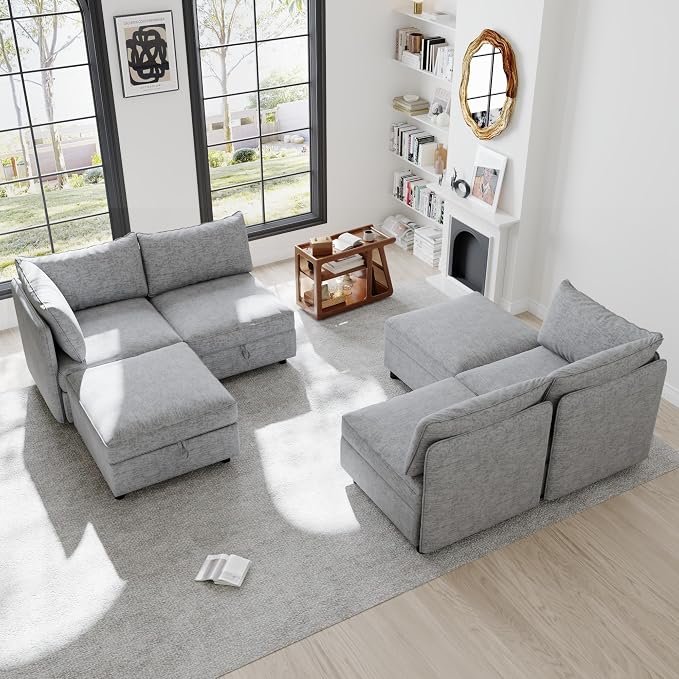 129-Inch U-Shaped 6 Seat Modular Sofa Deep Seat Storage Sectional Sofa Couch Free Combination with Movable Ottomans ,6 Seat Chenille Upholstered U-Shaped Convertible Sleeper Couch for Home Apartment | Space Saving